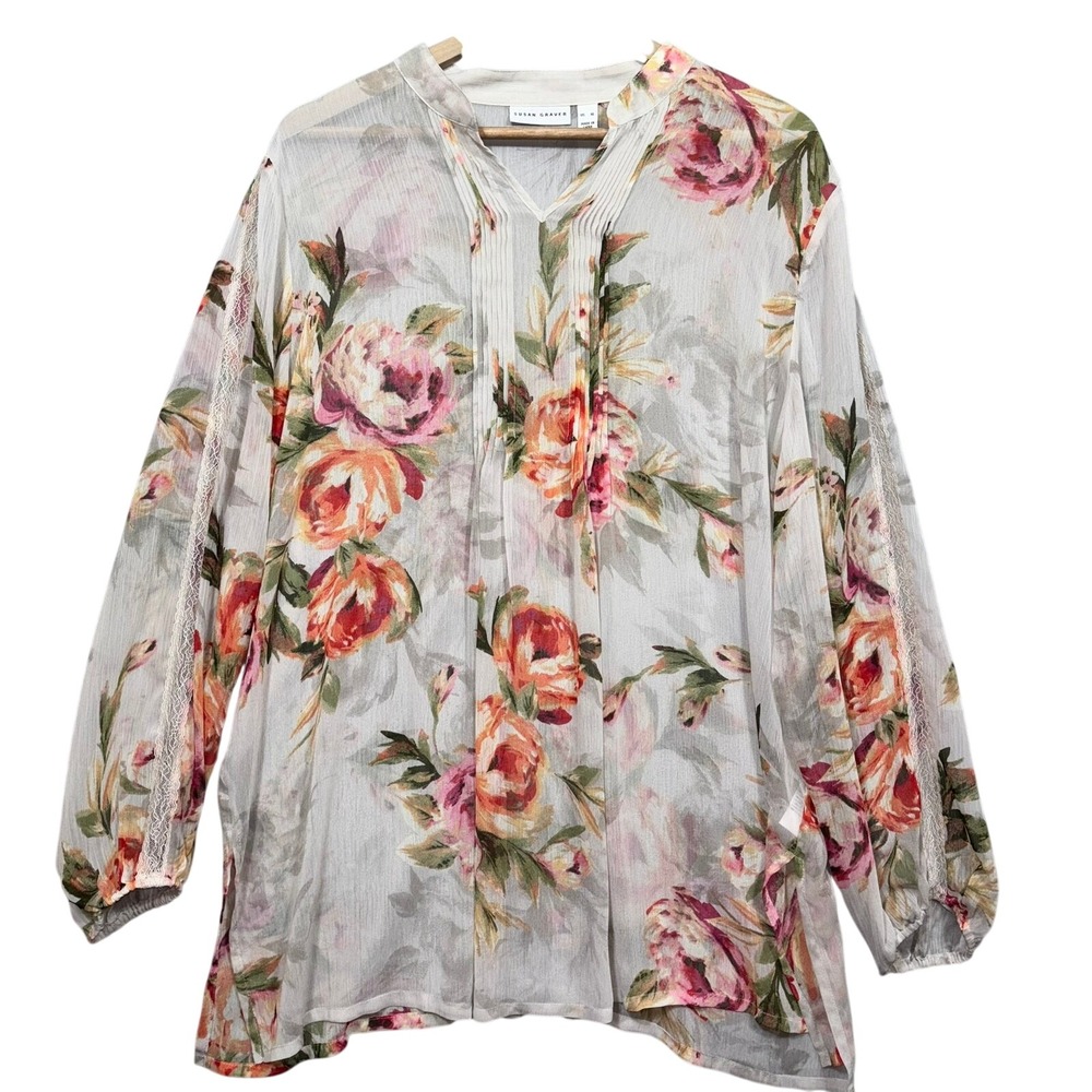 Susan Graver Blouse Womens XL Sheer Floral Garden Print Button Front